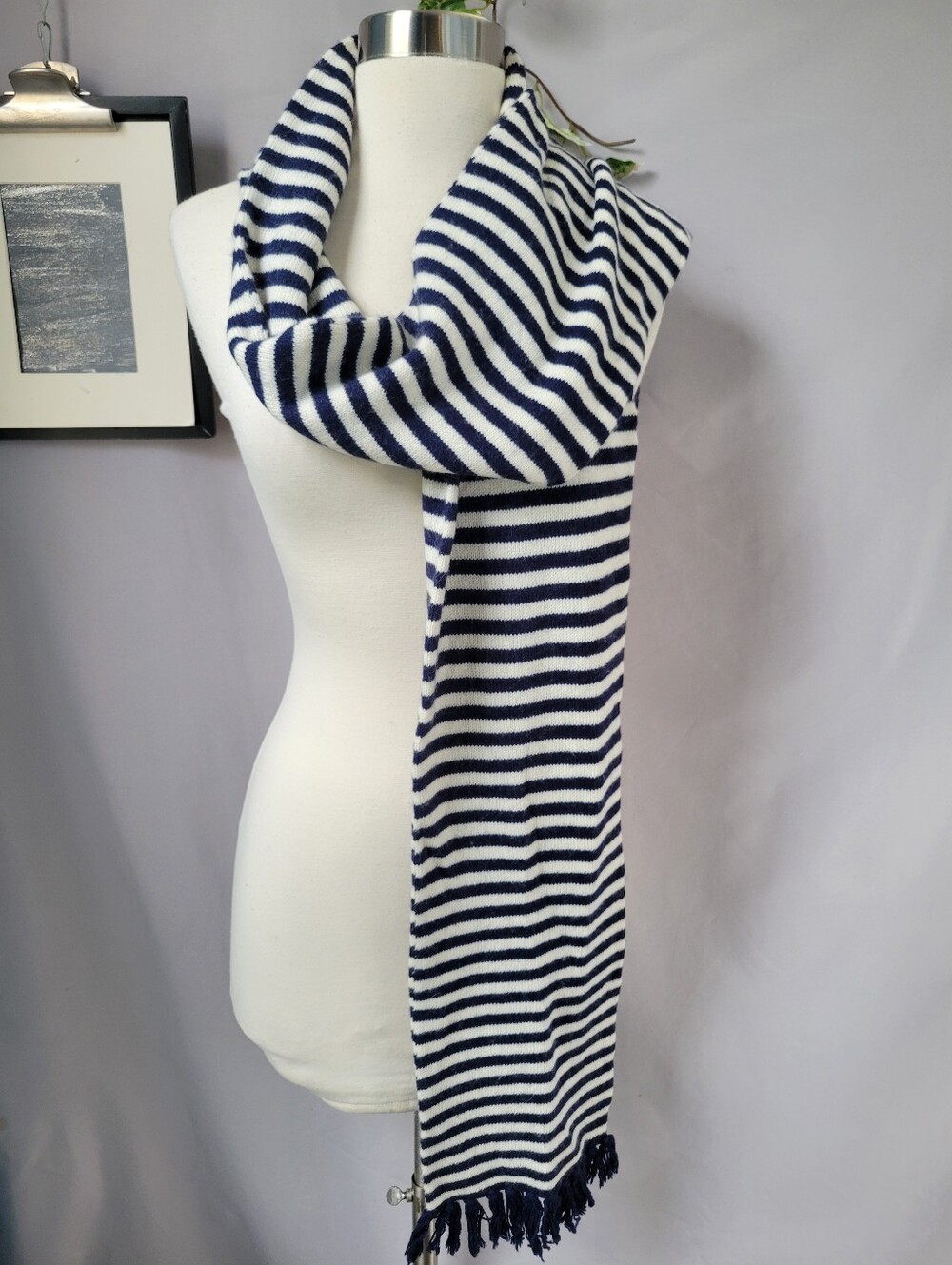 Vineyard Vines Wool Blend Stripe Nautical Fringe Scarf Navy One Size OS